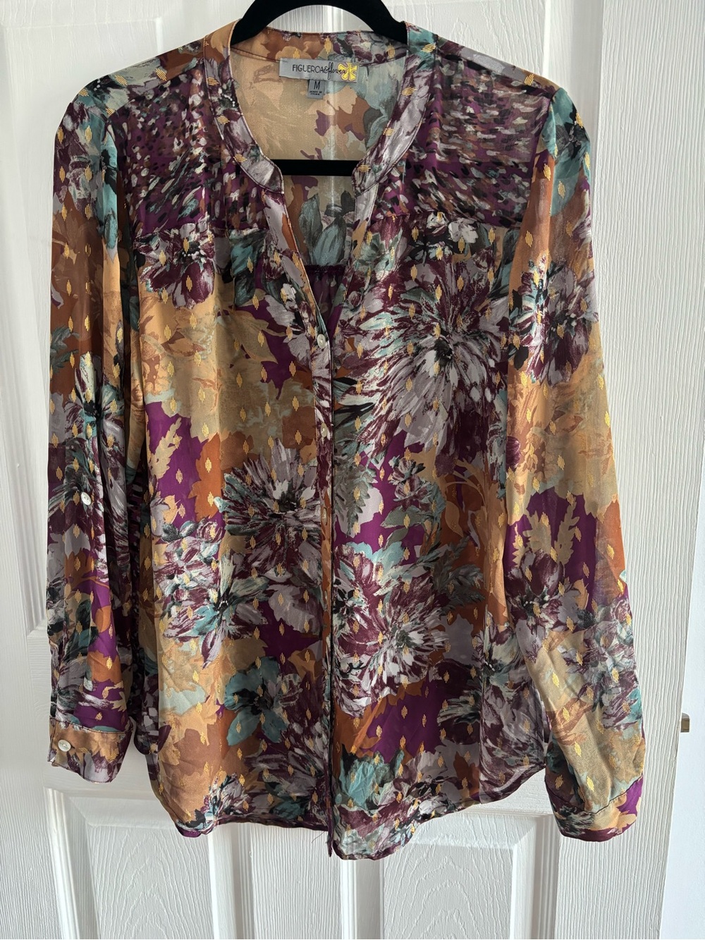 Women Slightly Sheer Floral Button Down Blouse in Plum and Gold